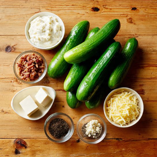 The image shows six bright green cucumbers arranged in a loose pile in the center on a wooden surface with natural grain and knots. Around the cucumbers are seven small white and clear glass bowls with different ingredients: a white creamy sauce in a white bowl at top left, a wedge of pale yellow cheese at top right, crispy light brown bacon bits in a white bowl at middle left, white grated cheese in a clear bowl at bottom left, a cube of cream cheese in a clear bowl at bottom center, and crushed black pepper in a clear bowl at bottom right. The textures range from smooth cucumbers and creamy sauces to crumbly bacon and cheese. photo taken with an iphone --ar 4:5 --v 7