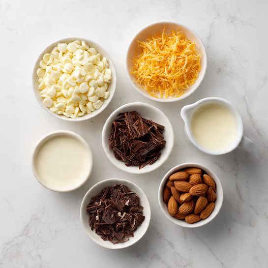 The image shows six white bowls and a white pitcher arranged on a white marbled surface. The top left bowl is filled with white chocolate chips, the top middle bowl holds orange zest shreds, and the top right pitcher is filled with a light cream liquid. The bottom left bowl contains another white cream liquid, the small middle bowl features small dark brown chocolate shavings, and the bottom right bowl contains whole brown almonds. Photo taken with an iphone --ar 4:5 --v 7