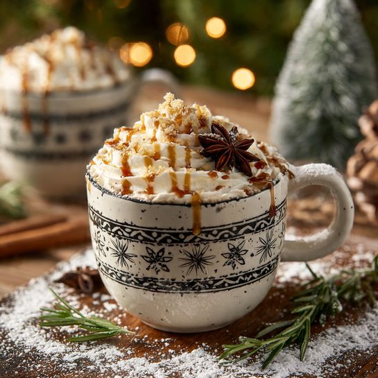 A white ceramic mug with black and red patterns holds a creamy drink topped with a thick layer of whipped cream. On top, there is a drizzle of brown syrup, some crushed golden bits, and a whole star anise placed near the center. The mug sits on a wooden surface dusted with white powder resembling snow, with green rosemary sprigs scattered around. In the softly blurred background, another mug with the same design is visible, and warm golden lights and a frosted pine tree add a cozy feel. photo taken with an iphone --ar 4:5 --v 7