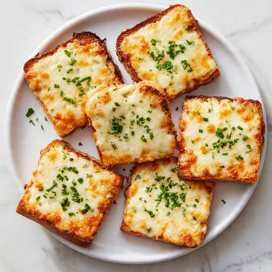 The image shows seven small toasted bread squares arranged on a white plate. Each toast has a golden-brown base with a layer of melted cheese on top that is slightly browned and bubbly. On the top of the cheese, there is a sprinkle of finely chopped green herbs, adding a fresh color contrast. The plate sits on a white marbled surface with soft natural light highlighting the texture of the melted cheese and toasted bread edges. Photo taken with an iphone --ar 4:5 --v 7