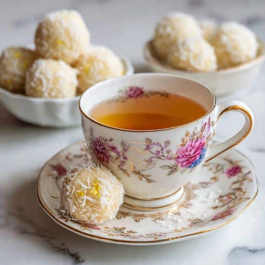A white cup with a floral and gold design is filled with light brown tea and placed on a matching white saucer with pink and blue flowers and gold patterns. On the saucer next to the cup is a round beige ball-shaped sweet treat covered with shredded white coconut flakes, showing a soft, crumbly inside with small yellow bits. In the blurry background, several more of these coconut-covered round sweets are stacked in a white bowl on a white marbled surface. photo taken with an iphone --ar 4:5 --v 7