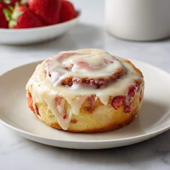 A single cinnamon roll sits in the center of a white plate on a white marbled surface. The roll is golden brown at the base with visible swirls of red strawberry filling layered inside the dough. The top is thickly coated with glossy white cream cheese frosting that drips slightly over the edges and highlights the red filling peeking through the frosting. In the background, a white dish and a white bowl with red fruit are slightly blurred. Photo taken with an iphone --ar 4:5 --v 7