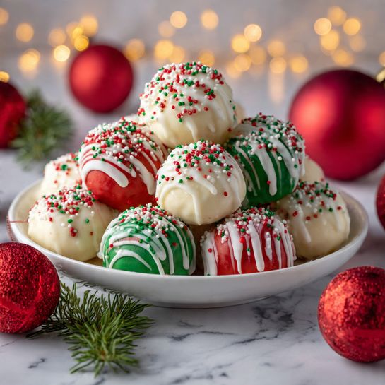 A white plate holds a pile of round, colorful balls in two layers: the bottom layer has white-coated balls, and the top layer includes red and green-coated balls. Each ball is decorated with white drizzle and tiny red, green, and white sprinkles covering the tops. Around the plate, there are several shiny, red holiday ornaments, and a small evergreen branch sits nearby. The surface underneath is white marbled, with soft golden and red blurred lights in the background that give a warm, festive feeling. photo taken with an iphone --ar 4:5 --v 7