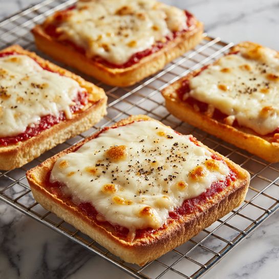 The image shows four square-shaped mini pizzas placed on a cooling rack. Each pizza has one thick golden-brown dough layer at the bottom, topped with a bright red tomato sauce layer that is visible around the edges. Above the sauce, there is a thick layer of bubbly melted white cheese that is lightly browned in spots, giving a slightly toasted texture. The pizza in the front has a sprinkle of black pepper on top of the cheese. The cooling rack sits on a surface with white marbled texture, and the background is softly blurred to keep focus on the pizzas. Photo taken with an iphone --ar 4:5 --v 7