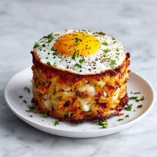 Spinach and Egg Puff Pastry Baskets with Cream Cheese Filling Recipe 5 The image shows a round, tall stack of golden-brown hashbrowns as the bottom layer with a crispy, crunchy texture around the edges. Above the hashbrowns is a layer of melted cheese mixed with bits of orange, possibly roasted vegetables. On top is a perfectly cooked sunny-side-up egg with a bright yellow yolk in the center, surrounded by smooth white egg whites. The egg is sprinkled with black pepper and small chopped green herbs. The dish is placed on a white plate on a white marbled surface. photo taken with an iphone --ar 4:5 --v 7