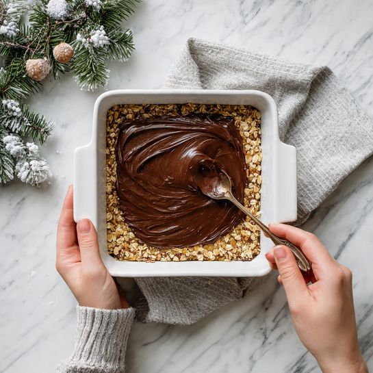A white square baking pan holds two layers of a dessert on a white marbled surface. The bottom layer is a golden oat and nut mixture with a rough textured surface. The top layer is a thick, smooth, glossy chocolate spread being evenly spread across the oat base with a spoon held by a woman's hand on the right side. Another woman's hand is holding the pan on the left side. Green pine branches and white berries decorate the corners, and a light gray striped cloth is underneath the pan. Photo taken with an iphone --ar 4:5 --v 7