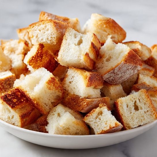 The image shows a white dish filled with many small cubes of white bread with golden brown crusts. The bread pieces are piled up, showing a mix of soft white interiors and slightly darker crusts, with rough, uneven edges. The dish sits on a white marbled surface, and the focus is on the bread pieces in the center, with the background softly blurred. photo taken with an iphone --ar 4:5 --v 7