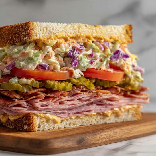 The image shows a close-up of a large sandwich with several layers on a wooden board over a white marbled surface. The bottom layer is a thick piece of light golden bread, followed by many thin slices of dark pink deli meat. Above this is a layer of mixed creamy coleslaw with visible bits of purple onion and green cabbage. Next lies bright red slices of tomato, and then a layer of chopped green pickles. The top layer is the other piece of thick, golden bread with a crusty texture. The sandwich is cut in half, and the focus is on the front half, showing all the colorful layers inside. Photo taken with an iphone --ar 4:5 --v 7