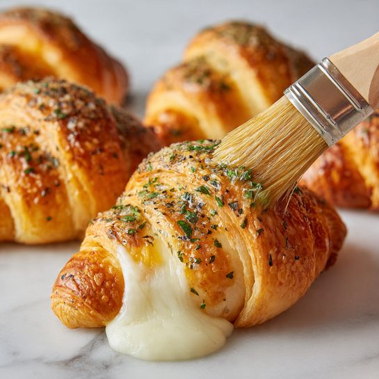 The image shows a close-up of several golden-brown crescent rolls on a white marbled texture surface. The crescent rolls are baked with a slightly crispy texture and are sprinkled with green herbs and black pepper. The crescent roll in the front has melted white cheese oozing out from one side. A woman's hand is holding a small basting brush with beige bristles, brushing a shiny herb and oil mixture on the top of the crescent roll, making it glossy. The scene has soft natural lighting with a focus on the front crescent roll. Photo taken with an iphone --ar 4:5 --v 7