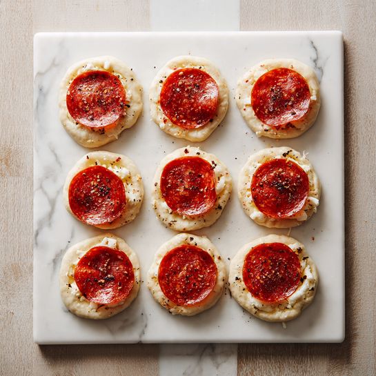 The image shows eight small pieces of dough laid out on a white board, arranged in two columns and four rows. Each dough piece is irregularly shaped with a light beige color and slightly rough texture. On top of each dough piece, there are two round slices of bright red pepperoni, slightly overlapping and showing some specks of seasoning. The white board is placed on a white marbled surface, with the warm tones of the wood floor around partially visible. The scene is evenly lit, capturing clear details and textures of the dough and pepperoni slices. photo taken with an iphone --ar 4:5 --v 7