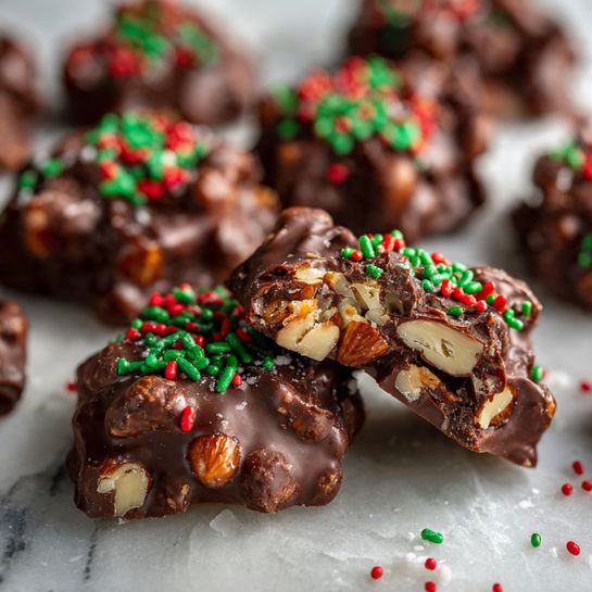 The image shows several small clusters of milk chocolate mixed with nuts, laid out on a white marbled surface. Each cluster looks thick and chunky with a bumpy texture, and some are topped with red and green sprinkles. One cluster in the front has a bite taken out, revealing nuts inside and a smooth chocolate center. The clusters have an uneven, rough shape with visible nut pieces peeking through the shiny chocolate coating. photo taken with an iphone --ar 4:5 --v 7