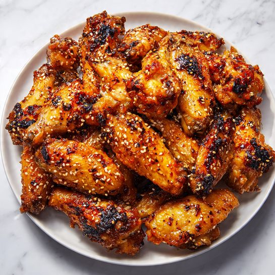 A white plate filled with a heap of grilled chicken wings, each wing showing a bright golden-brown color with slightly charred black spots that give a smoky look. The wings are glossy, coated with a shiny sauce, and sprinkled with golden sesame seeds. The texture looks crispy on the outside and tender inside, layered closely together, covering most of the plate. The background is a white marbled texture. photo taken with an iphone --ar 4:5 --v 7