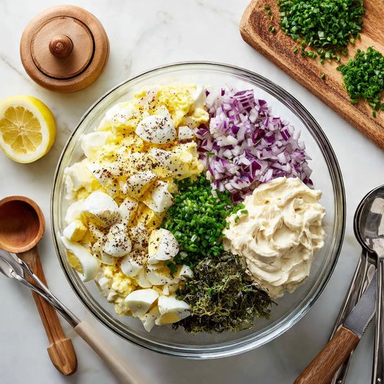 In a clear glass mixing bowl on a white marbled surface, there are six main layer sections: chopped hard-boiled eggs with white and yellow pieces on the left, sprinkled with black pepper on top; finely chopped purple onion pieces on the upper right; a pile of dark green chopped herbs below the onion; a creamy dollop of light beige mustard on the far right; a larger dollop of white creamy mayonnaise below the mustard; and some chopped green chives scattered near the herbs. Around the bowl, there is a halved lemon with a wooden lemon juicer inside it at the top left, a wooden spoon at the bottom left, three metal measuring spoons stacked on the right side, and a wooden cutting board with chopped green herbs and a large knife at the top. Photo taken with an iphone --ar 4:5 --v 7