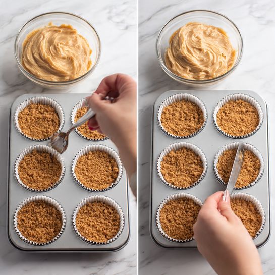 This image shows two side-by-side photos of a baking tray with white cupcake liners filled with a brown crumbly base, placed on a white marbled surface. In the left photo, a woman's hand is holding a spoon with light beige, thick batter and is about to add it on top of one of the brown bases in the white liners. Above the tray, there is a glass bowl holding more of the beige batter with smooth, whipped texture. On the right, the same tray has one liner fully covered with the same beige batter, spread evenly with a silver butter knife held by a woman’s hand. The white marbled surface continues behind the bowl and tray. photo taken with an iphone --ar 4:5 --v 7