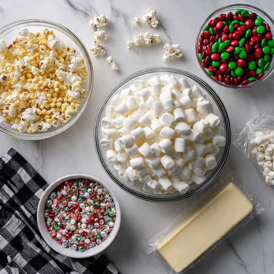 The image shows a top view of four clear glass bowls arranged on a white marbled surface. The largest bowl is filled with many small, white mini marshmallows, dominating the center of the image. To the top right, a medium clear bowl holds red and green candy-coated chocolates evenly mixed. To the top left, a smaller clear bowl contains yellow popcorn kernels. At the bottom left, the smallest white bowl is filled with colorful holiday sprinkles including red, green, white, and silver pieces, some round and some long. Near the right edge, a stick of butter wrapped in paper is placed horizontally. Scattered around the bowls are a few stray marshmallows, candies, and sprinkles, adding a festive look. A black and white checkered cloth is partially visible at the bottom left corner. Photo taken with an iphone --ar 4:5 --v 7
