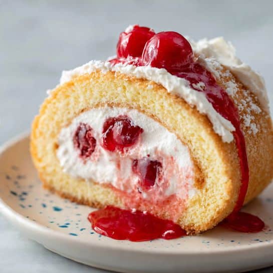 A close-up of a single slice of a rolled cake on a white plate with small blue speckles, placed on a white marbled surface. The cake has three visible layers: the outer layer is a light, soft sponge cake with a golden-brown edge, the middle layer is white cream spread smoothly, and the inner layer is a bright red cherry filling with whole cherries visible, which also spills out slightly onto the plate, creating a glossy red pool. The texture of the sponge looks spongy and light, while the cream is smooth and soft, and the cherry filling is shiny and thick. Photo taken with an iphone --ar 4:5 --v 7