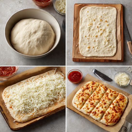 The image shows four steps of making a cheese pizza arranged in a grid. The top-left part shows a round bowl with pale, soft dough that has risen and filled the bowl. The top-right part shows a rectangular dough rolled out on parchment paper over a wooden board, brushed with a light layer of oil and dotted with small white spots of cheese. The bottom-left part shows the same dough now fully covered with a thick, even layer of shredded white cheese. The bottom-right part shows the baked pizza with a golden-brown bubbly cheese top and a slightly crispy edge, placed on parchment paper on a gray surface with a small bowl of red sauce and a pizza cutter partially visible nearby. Photo taken with an iphone --ar 4:5 --v 7