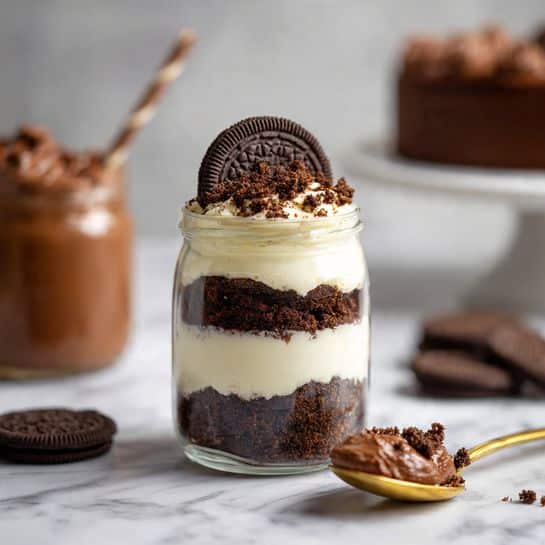 A clear glass jar shows a dessert with four layers: at the bottom is a dark brown crumbly layer, above it is a thick creamy white layer, followed by another dark brown crumbly layer, and topped with a smooth creamy white layer. On top of the jar’s creamy layer, there is a single brown cookie placed upright. The jar sits on a surface with a white marbled texture. In the foreground, a gold spoon holds a small scoop of the dessert, showing crumbled brown bits and white cream. In the background, an open jar of brown spread is blurred with two brown cookies nearby, and a round cake on a white marble cake stand is partially visible. Photo taken with an iphone --ar 4:5 --v 7