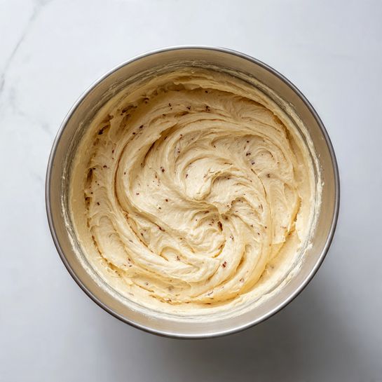The image shows a large silver mixing bowl containing a creamy, pale yellow mixture with small dark specks, indicating it has vanilla or similar flavoring. The mixture has a smooth, thick texture with some uneven swirls and peaks inside the bowl. The bowl sits on a white marbled surface, with a clean and bright background. photo taken with an iphone --ar 4:5 --v 7