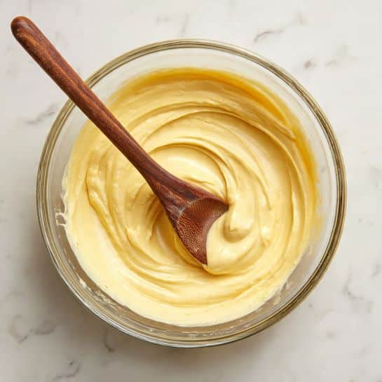 A clear glass bowl contains a smooth, thick batter with a light yellow color. A wooden spoon with a dark brown head is resting inside the bowl, partially covered in the batter. The bowl is placed on a white marbled surface, showing the batter being softly mixed. photo taken with an iphone --ar 4:5 --v 7