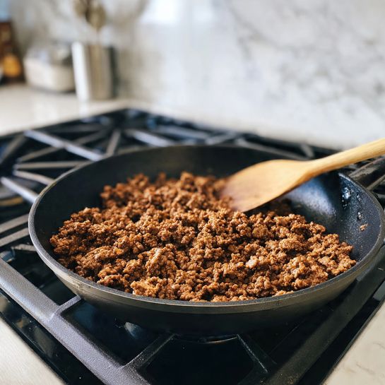 A black pan filled with cooked ground meat that is brown and crumbly, sitting on a black stovetop with burners visible around it, with a wooden spoon blurred in the white marbled background behind it photo taken with an iphone --ar 4:5 --v 7