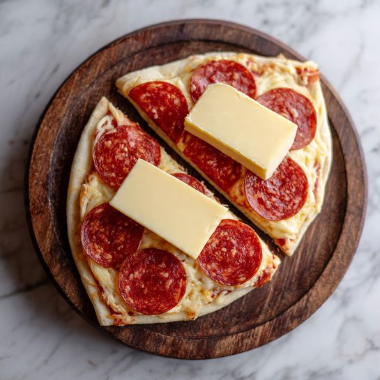 Two raw pizza slices are placed on a dark wooden round board with visible worn marks. Each slice has a base layer of pale yellow dough with uneven edges, topped with about five overlapping round, red pepperoni slices covering most of the crust area. On top of the pepperoni, a single thick, rectangular piece of pale yellow cheese is placed horizontally near the wider end of each slice. The background includes a white marbled texture surrounding the board. photo taken with an iphone --ar 4:5 --v 7