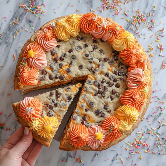This is a large round chocolate chip cookie cake with three slices cut out and placed near it. The cookie has a light golden-brown color with many small, dark chocolate chips spread evenly throughout. The outer edge is decorated with two layers of frosting: the bottom layer is a dark orange color with star-shaped swirls, and the top layer has alternating large orange, deep red rose-shaped swirls, and small yellow star-shaped dollops. The cookie cake sits on a white marbled surface with colorful sprinkles scattered around, and a woman's hand holding one slice is visible at the bottom. Photo taken with an iphone --ar 4:5 --v 7