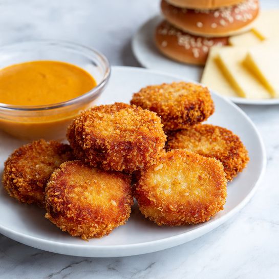 A white plate holds five pieces of golden brown crispy fried cutlets, layered closely and overlapping each other, showing crunchy, textured coating. Next to the plate, there are several sesame seed-topped burger buns stacked, and slices of pale yellow cheese arranged flat behind the buns. To the left side, a clear glass bowl contains a smooth creamy orange sauce. The background surface is a white marbled texture photo taken with an iphone --ar 4:5 --v 7