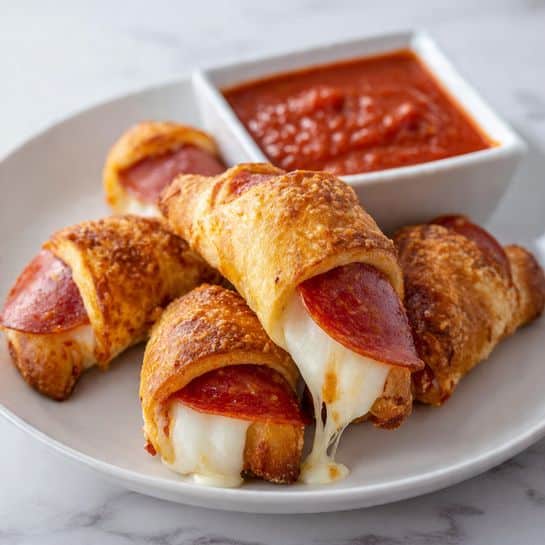 Four golden-brown crescent rolls with a soft, slightly textured outer layer are placed on a white plate. Each roll is wrapped around shiny reddish slices of pepperoni, with melted white cheese oozing out from the edges in small, smooth pools. At the back of the plate, there is a small white square bowl filled with a bright red dipping sauce that has a smooth, slightly chunky texture. The plate rests on a white marbled surface. Photo taken with an iphone --ar 4:5 --v 7