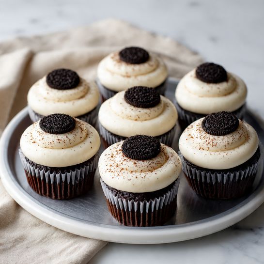 Cookie Cups with Coffee-Chocolate and Mascarpone Layers Recipe 5 Seven cupcakes sit on a round silver tray placed on a white marbled surface. Each cupcake has a dark brown base and is topped with a thick layer of smooth, creamy white frosting that forms a round mound. In the center of each frosting mound, there is a round dark chocolate piece with a slightly rough texture, surrounded by a sprinkling of fine cocoa powder scattered lightly on the white frosting. A beige cloth is softly draped to the left side of the tray, adding a warm contrast to the neutral setting. photo taken with an iphone --ar 4:5 --v 7