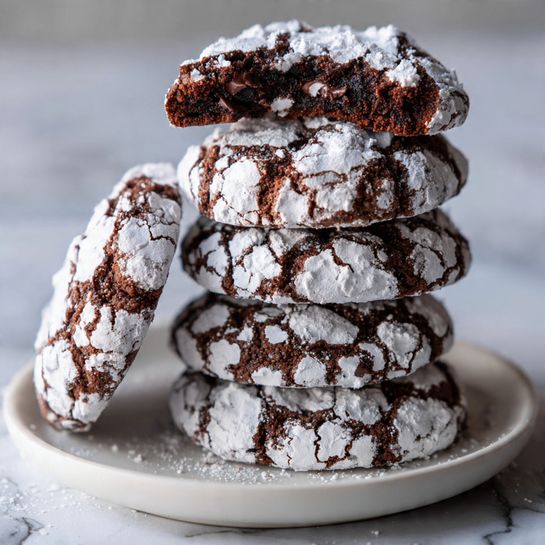 A stack of five dark brown chocolate crinkle cookies sits on a white plate placed on a white marbled surface. Each cookie is round, thick, and covered in a cracked pattern of powdered white sugar, revealing the dark chocolate beneath. The top cookie is broken in half, showing a soft, rich, and slightly moist inside texture with the powdered sugar dusted heavily on top. The cookies appear soft and chewy, with the contrast of the powdered sugar and rich chocolate making them look very inviting. Photo taken with an iphone --ar 4:5 --v 7