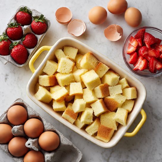 A white baking dish with yellow handles is filled with many small cubes of light yellow bread, some with golden brown edges, spread evenly inside. To the left of the dish on a white marbled surface, there are five red strawberries with green tops. Below the dish, a gray egg carton holds six brown eggs and two cracked eggshells lie next to it. To the right of the eggshells, a small clear glass bowl holds sliced strawberries. Photo taken with an iphone --ar 4:5 --v 7