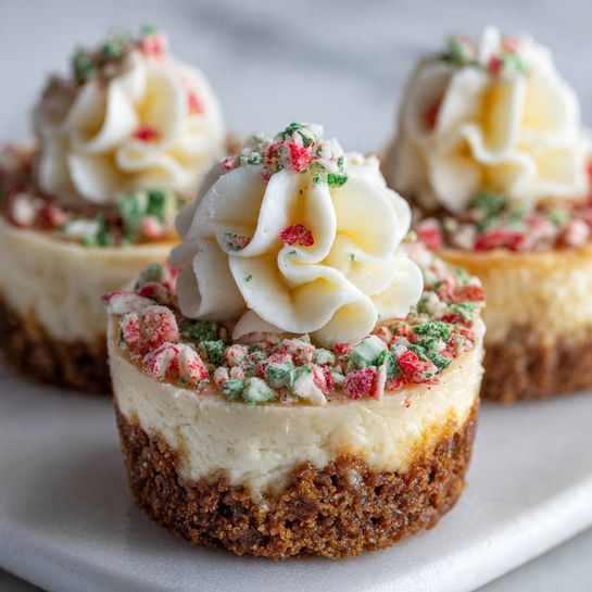 A close-up view of small cheesecakes, each with three layers: the bottom layer is rough and crumbly brown crust, the middle layer is smooth and creamy off-white cheesecake filling, and the top layer is a thick swirl of white cream shaped like a flower. The cream is sprinkled with crushed red, green, and white candy pieces that create a festive look. All cheesecakes stand on a white plate with a white marbled background. photo taken with an iphone --ar 4:5 --v 7