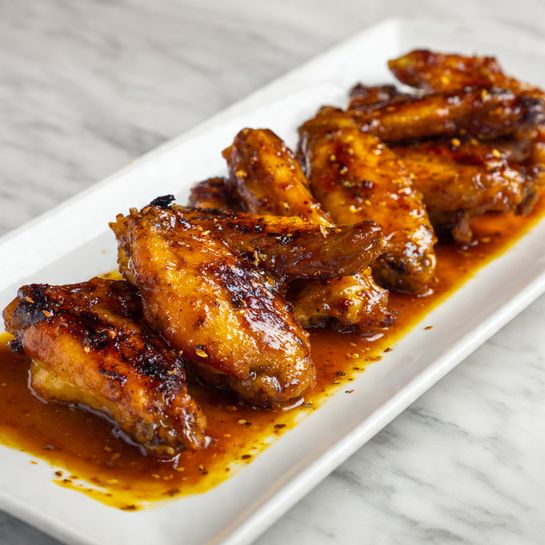 A long white rectangular plate holds eight chicken wings lined up side by side. Each wing is covered in a shiny, dark orange-brown sauce that looks sticky and smooth, shining under the light. The wings have a glazed texture with some small charred spots that show they are cooked well. The sauce drips slightly, pooling a little on the white marbled surface under the plate. The background is a white marbled texture. photo taken with an iphone --ar 4:5 --v 7