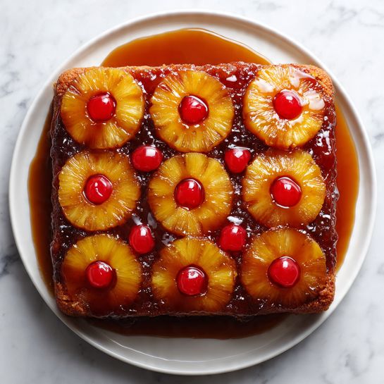Pineapple Upside Down Cake Recipe 5 A rectangular pineapple upside-down cake sits on a white plate on a white marbled surface. The cake has one thick brown caramelized layer topped with a glossy layer of caramel sauce that spills slightly over the edges. There are eleven bright yellow pineapple rings evenly placed in a grid arrangement, each with a shiny red cherry in the center. The pineapples have a juicy texture with caramel sauce glistening on top. Photo taken with an iphone --ar 4:5 --v 7
