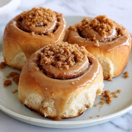 Three cinnamon rolls sit close together on a white plate with a white marbled background. Each roll is thick with a golden-brown base, topped with smooth, shiny, caramel-colored glaze that drips down the sides. On top of each roll, there is a cluster of crumbly brown sugar pieces, adding texture and contrast. The rolls look soft and moist with the spiral shell clearly seen through the glaze. Photo taken with an iphone --ar 4:5 --v 7