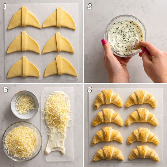 The image shows a step-by-step process of making crescent rolls on a white marbled surface. The first step displays eight flat, light yellow dough triangles laid out evenly on parchment paper; each triangle is thick and smooth. Next, a woman's hand with pink nail polish holds a small glass bowl filled with white creamy sauce speckled with green herbs, positioned above the dough triangles. The third step shows the dough triangles spread with the creamy sauce evenly. The woman's hand is holding a bowl of shredded white cheese, positioned near the dough. The last step shows the dough triangles rolled into crescent shapes, placed side by side on parchment paper, their exterior smooth and slightly puffy, ready to be baked. Photo taken with an iphone --ar 4:5 --v 7