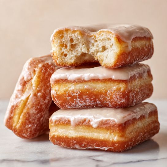 Maple Bar Donuts Recipe 5 The image shows four rectangular donuts stacked closely on a white marbled surface. Each donut is covered with a smooth light beige glaze that looks shiny and creamy. The top donut is placed horizontally on the side of another donut, showing its golden brown fried edge. The second donut from the top has a bite taken out of it, revealing a soft, light, fluffy inside with small air holes. The bottom two donuts are stacked side by side, their glaze glistening under soft light. The background is a simple beige color, making the donuts the main focus of the image. photo taken with an iphone --ar 4:5 --v 7