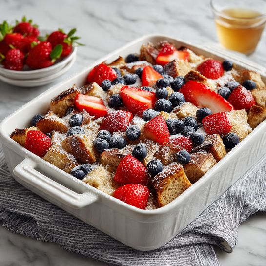 Overnight Cinnamon Brown Sugar French Toast Casserole with Berry Crumble Topping Recipe