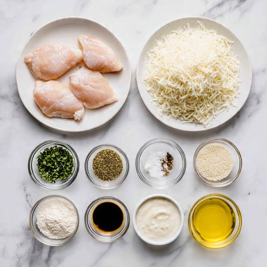 The image shows a white plate with four raw pale pink chicken pieces on the top left, and next to it a white plate filled with shredded white cheese. To the right of the cheese plate is a small white bowl with a creamy white sauce. Below these, there are eight small glass bowls arranged in two rows: the top row has chopped green herbs, minced garlic, dark brown soy sauce, and a mix of black pepper and salt; the bottom row has white breadcrumbs in a white bowl, golden yellow oil, bright yellow lemon juice, and a small amount of clear liquid. All items are placed on a white marbled surface. Photo taken with an iphone --ar 4:5 --v 7
