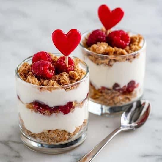 Two clear glass cups each have three visible layers of food. The bottom layer is light brown granola with a crumbly texture. The middle layer is thick white yogurt that looks smooth. Inside the middle yogurt layer, there are small bright red raspberries pressed against the glass. On top, there is a mix of more granola and several raspberries. Each cup has a small red heart-shaped decoration stuck into the top. The cups sit on a white marbled surface with a silver spoon in front of the closest cup. photo taken with an iphone --ar 4:5 --v 7