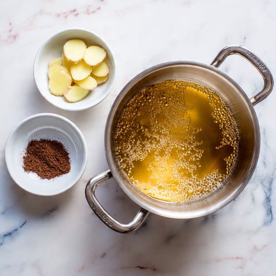 A small stainless steel pot with two handles is filled with a golden brown liquid with small bubbles on the surface, sitting on a white marbled surface. To the left of the pot, there are two small white bowls, one containing a dark brown powder and the other holding several thin round slices of light yellow ginger. The white marbled background has subtle blue and pinkish veining. The scene is lit softly, showing clear textures and colors. photo taken with an iphone --ar 4:5 --v 7