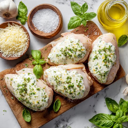 Four pieces of raw chicken on a wooden board, each topped with a white creamy mixture with green herb bits spread in the middle of each piece. Behind the board, there are two small wooden bowls, one filled with white grated cheese and the other with coarse white salt. To the right, a small glass jar filled with yellow olive oil is visible. Fresh green basil leaves and whole garlic bulbs are scattered around the background on a white marbled surface. photo taken with an iphone --ar 4:5 --v 7