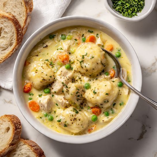 Creamy Chicken and Biscuits Soup with Fluffy Dumplings Recipe 5 A white bowl filled with a creamy stew that has about two layers of ingredients: large white chunks of chicken and soft, thick dumplings floating in a pale yellow, creamy broth filled with small pieces of orange carrots, green peas, and light green celery. The stew is sprinkled with finely chopped green herbs on top. A shiny silver spoon rests inside the bowl, and around the bowl, pieces of sliced white bread sit on a white marbled surface. In the background, there is a small white bowl with chopped green herbs. Photo taken with an iphone --ar 4:5 --v 7