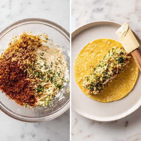 The image shows two side-by-side scenes: on the left, a clear glass bowl containing a creamy white sauce mixed with reddish and light brown spices on the left side, and a big pile of chopped green herbs on the right side, with a beige spatula sticking out; on the right, a white plate with a yellow corn tortilla placed flat, with a thick line of the creamy sauce mixed with herbs inside, placed in the center of the tortilla; everything sits on a white marbled surface. photo taken with an iphone --ar 4:5 --v 7