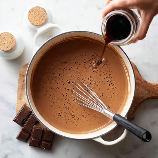 A white pot filled with light brown, frothy hot chocolate sits on a white marbled surface. A wooden cutting board with dark brown chopped chocolate pieces is held above the pot, with a knife resting on the board as if ready to add the chocolate into the hot drink. Around the pot, there are two glass jars with white powder, likely sugar or salt, and some broken pieces of dark chocolate on the white marbled surface. photo taken with an iphone --ar 4:5 --v 7