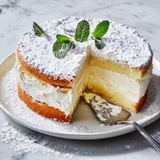 A round cake with one large slice missing shows three layers: a soft, pale yellow sponge outer layer, a thick middle layer of white whipped cream filling, and a slightly denser inner cake base. The top of the cake is dusted with fine white powdered sugar and decorated with two small green mint leaves. The cake sits on a white plate with a silver spatula placed under the missing slice. The whole setup is on a white marbled surface with some powdered sugar scattered around. Photo taken with an iphone --ar 4:5 --v 7