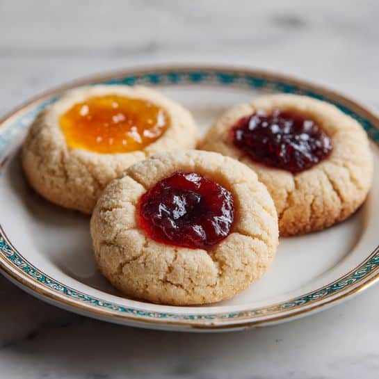 Three round thumbprint cookies sit on a white plate with a thin blue-green patterned rim and subtle gold trim. Each cookie has one layer of soft, pale golden dough with a slightly cracked surface, creating a textured appearance. In the center of each cookie is a glossy dollop of thick jam, one bright orange-yellow, and two deep red-purple, with a slightly uneven spread that looks rich and shiny. The plate is placed on a white marbled surface, and soft blurred lights in warm tones appear in the background. photo taken with an iphone --ar 4:5 --v 7