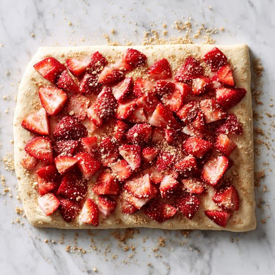 A rectangular piece of light beige dough is rolled out flat on a white marbled surface. The dough has a slightly uneven edge and is sprinkled evenly with a layer of fine, crumbly light brown powder. On top of the powder, there is a scattered layer of small, bright red strawberry pieces, cut into chunks, covering most of the dough. The strawberries have a fresh, slightly shiny texture, contrasting with the soft dough and powder underneath. photo taken with an iphone --ar 4:5 --v 7