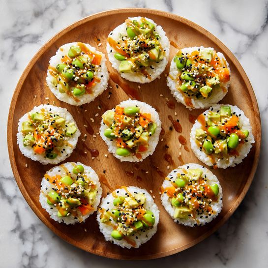 Roll Baked Sushi Cups Recipe 5 The image shows seven small rice cups on a round wooden tray, each cup made of white rice shaped into a bowl. Inside each rice cup is a colorful mix of diced green edamame, orange carrot pieces, and small bits of white and green vegetables, topped with black sesame seeds. There is some light brown sauce lightly drizzled on the tray around the cups. A woman's hand with light skin and pale nail polish is picking up one of the rice cups from the tray. The background shows a white marbled surface. Photo taken with an iphone --ar 4:5 --v 7